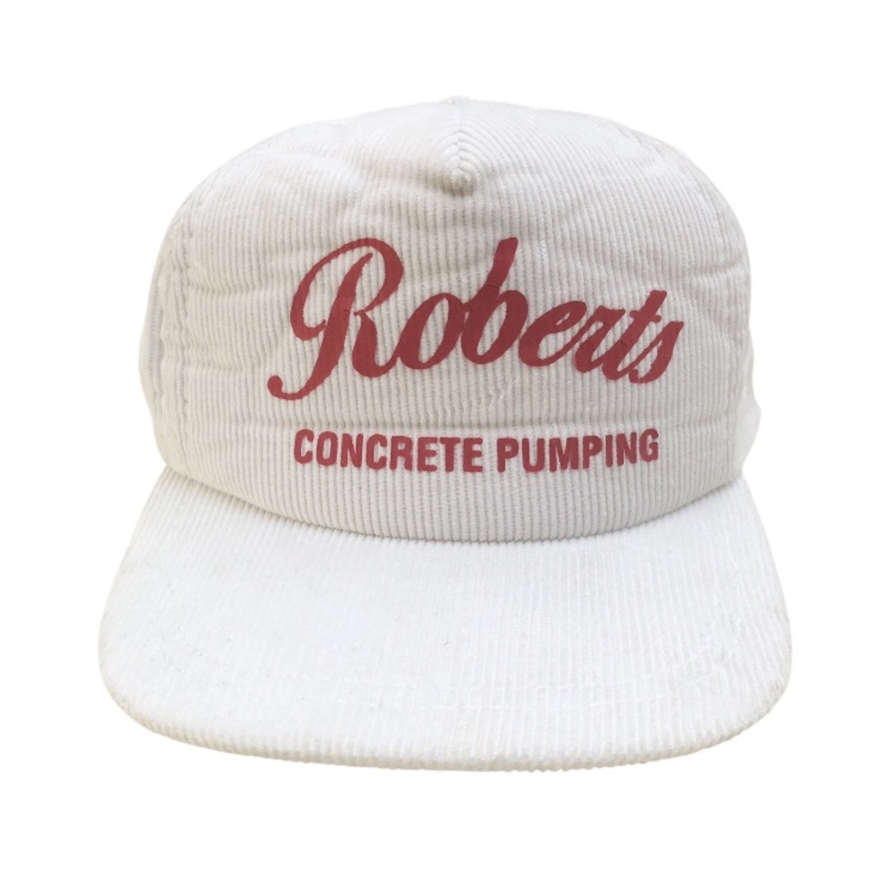 ROBERTS CONCRETE PUMPING - 1980 White Corduroy Trucker Hat Vintage Deadstock VTG
